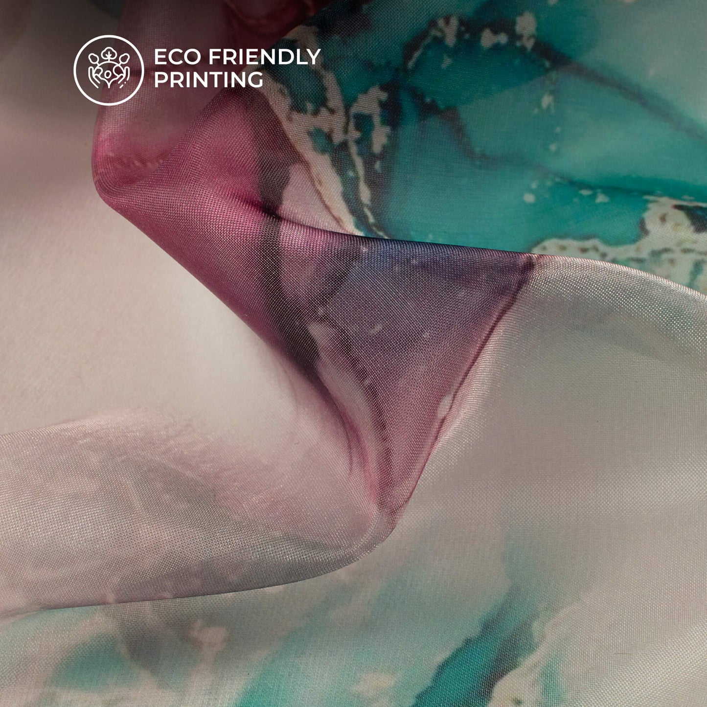 Teal Blue And Purple Marble Printed Organza Satin Fabric