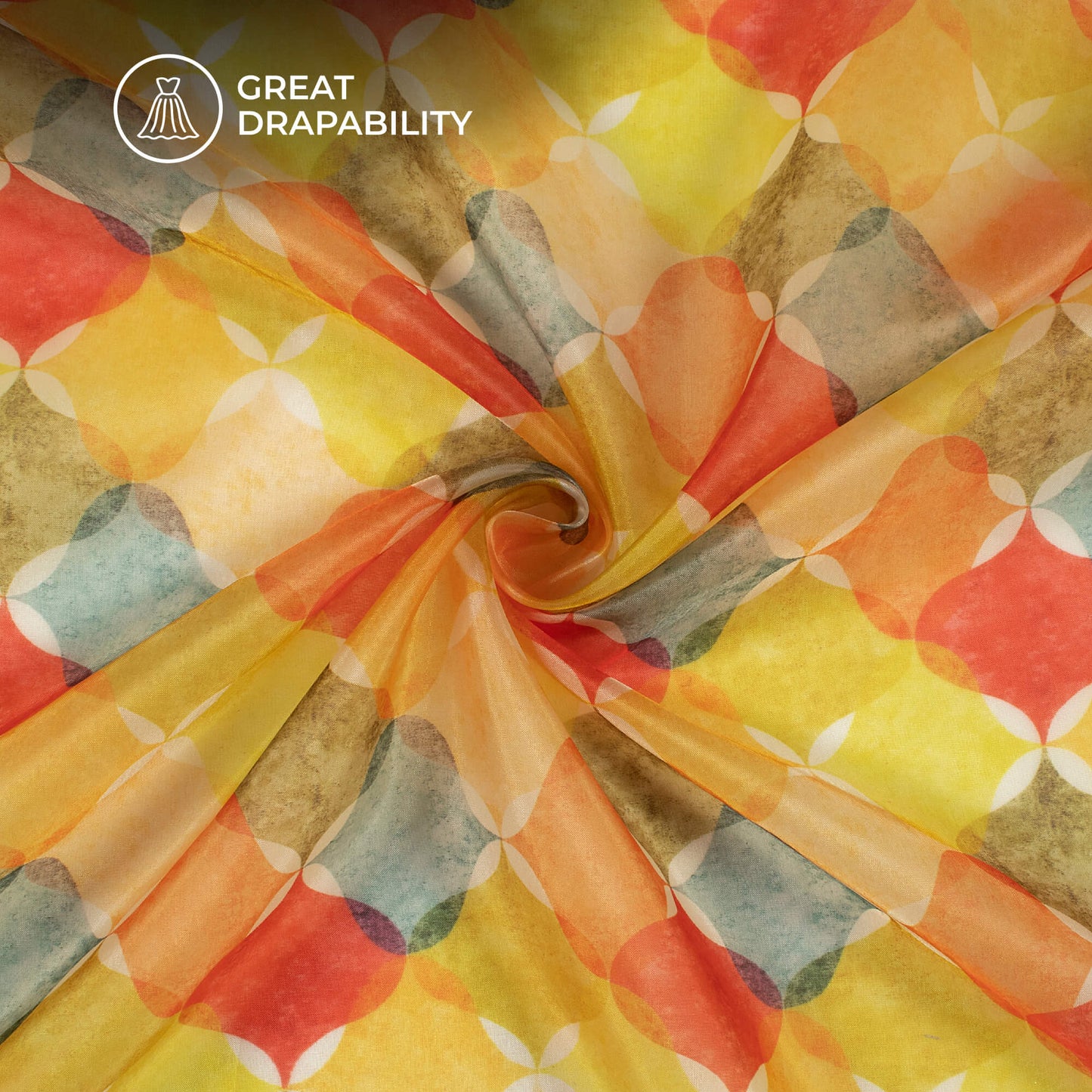 Lemon Yellow And Red Trellis Printed Organza Satin Fabric