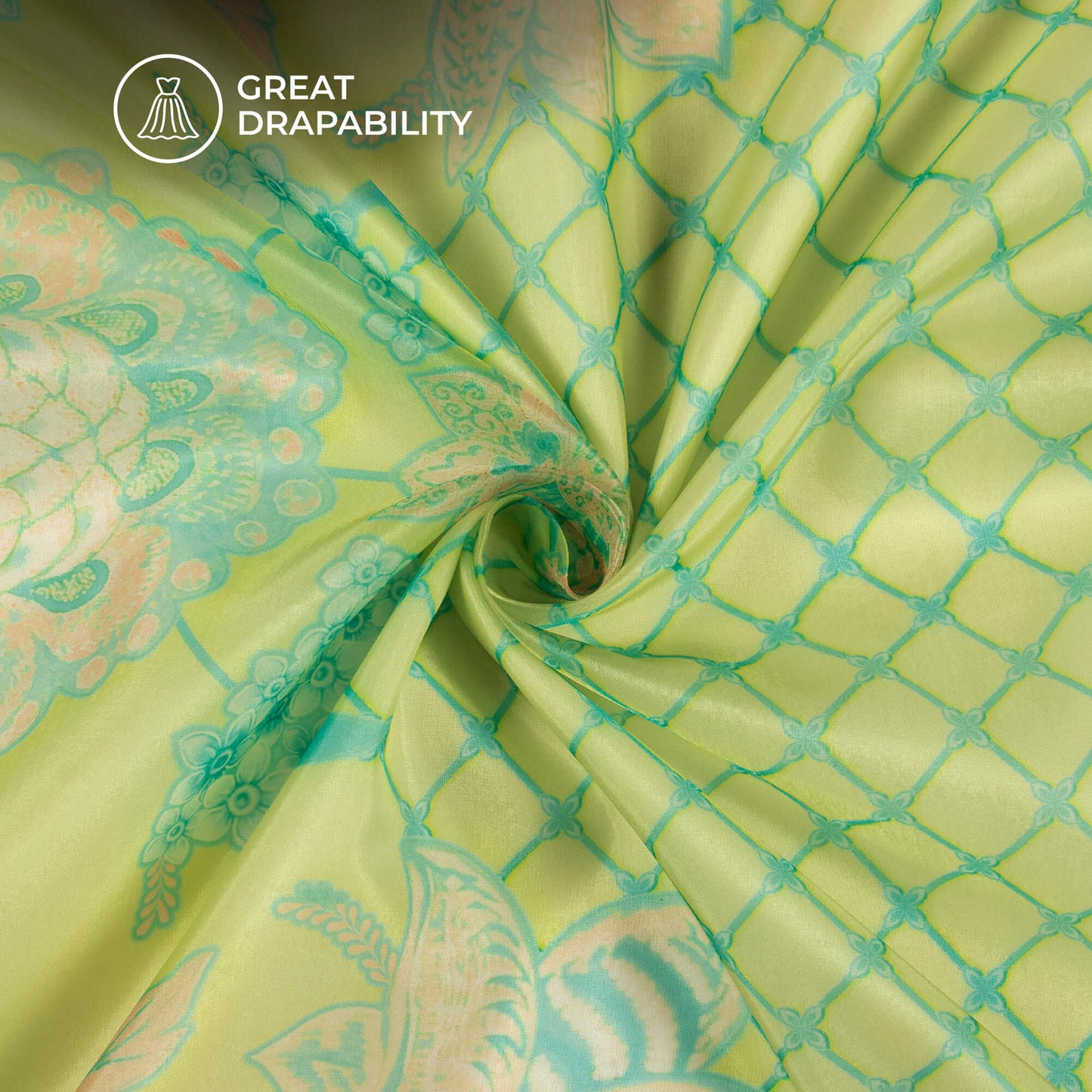 Lemon Yellow And Green Floral Printed Organza Satin Fabric