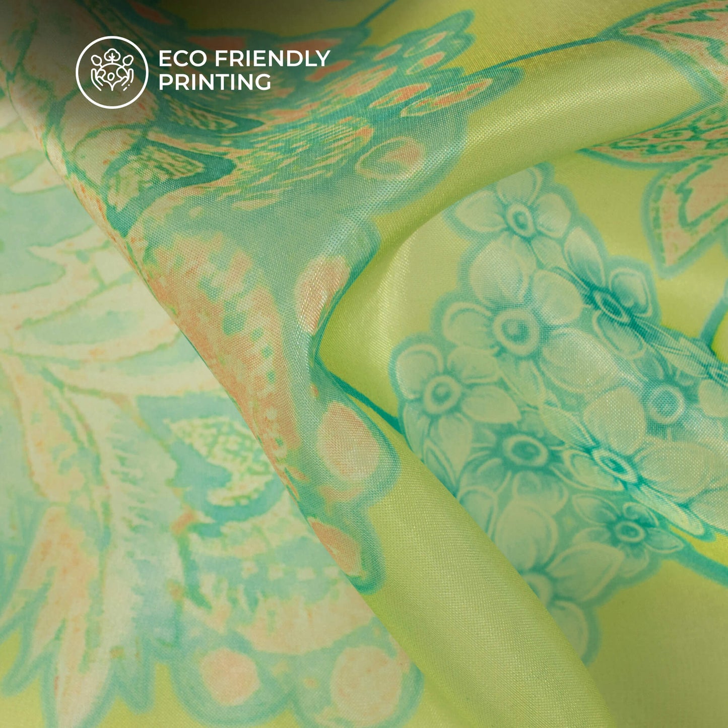 Lemon Yellow And Green Floral Printed Organza Satin Fabric