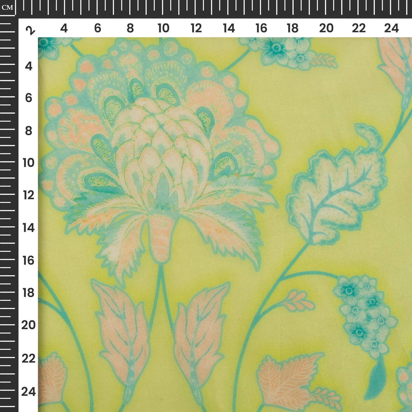 Lemon Yellow And Green Floral Printed Organza Satin Fabric