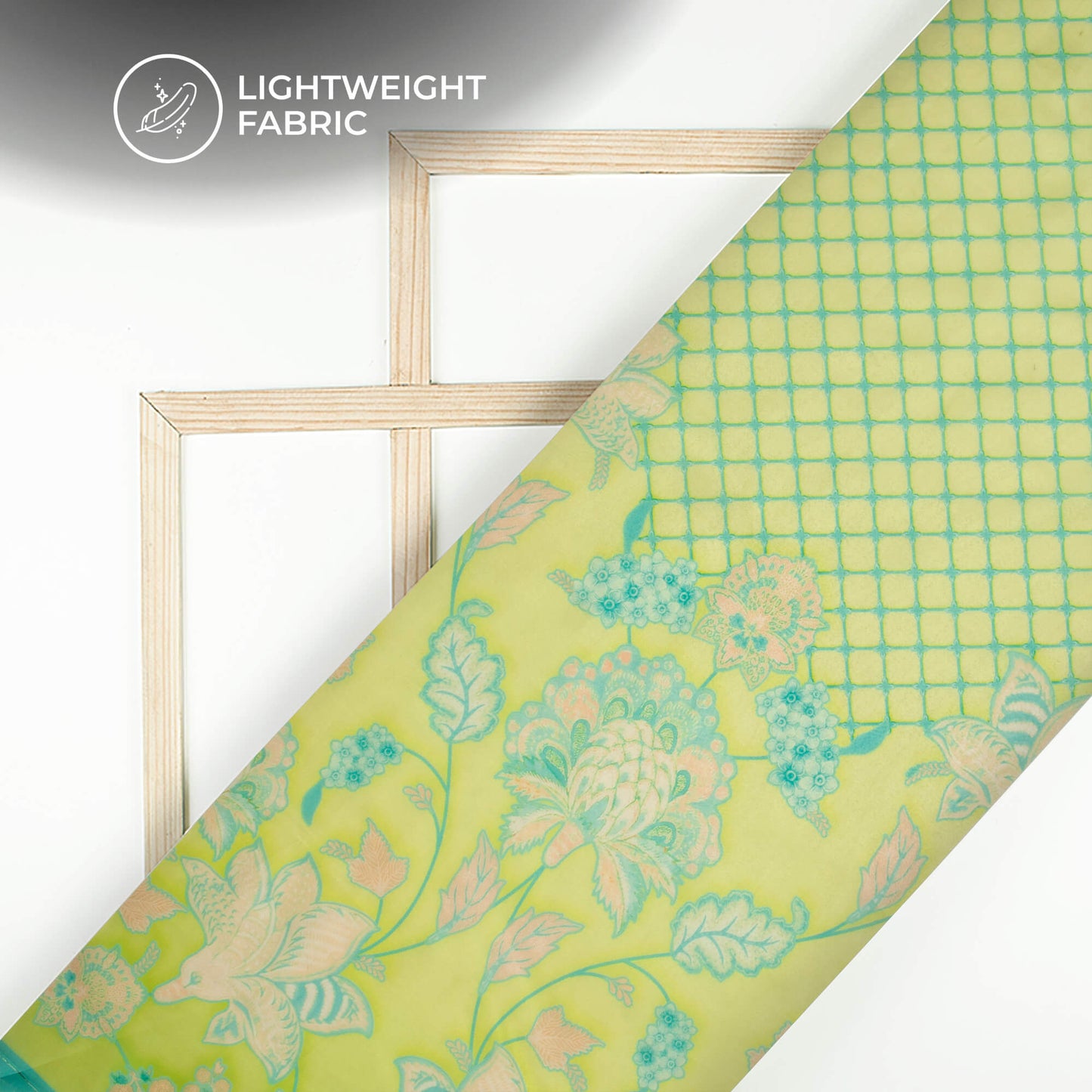 Lemon Yellow And Green Floral Printed Organza Satin Fabric
