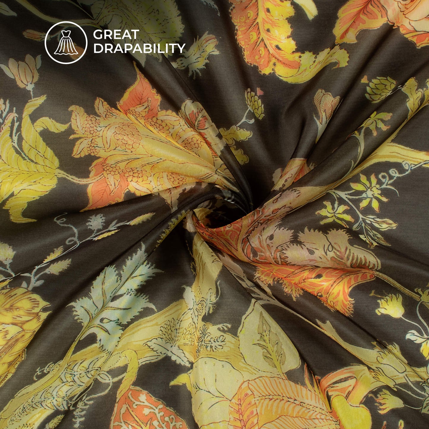 Black And Flax Yellow Floral Printed Organza Satin Fabric