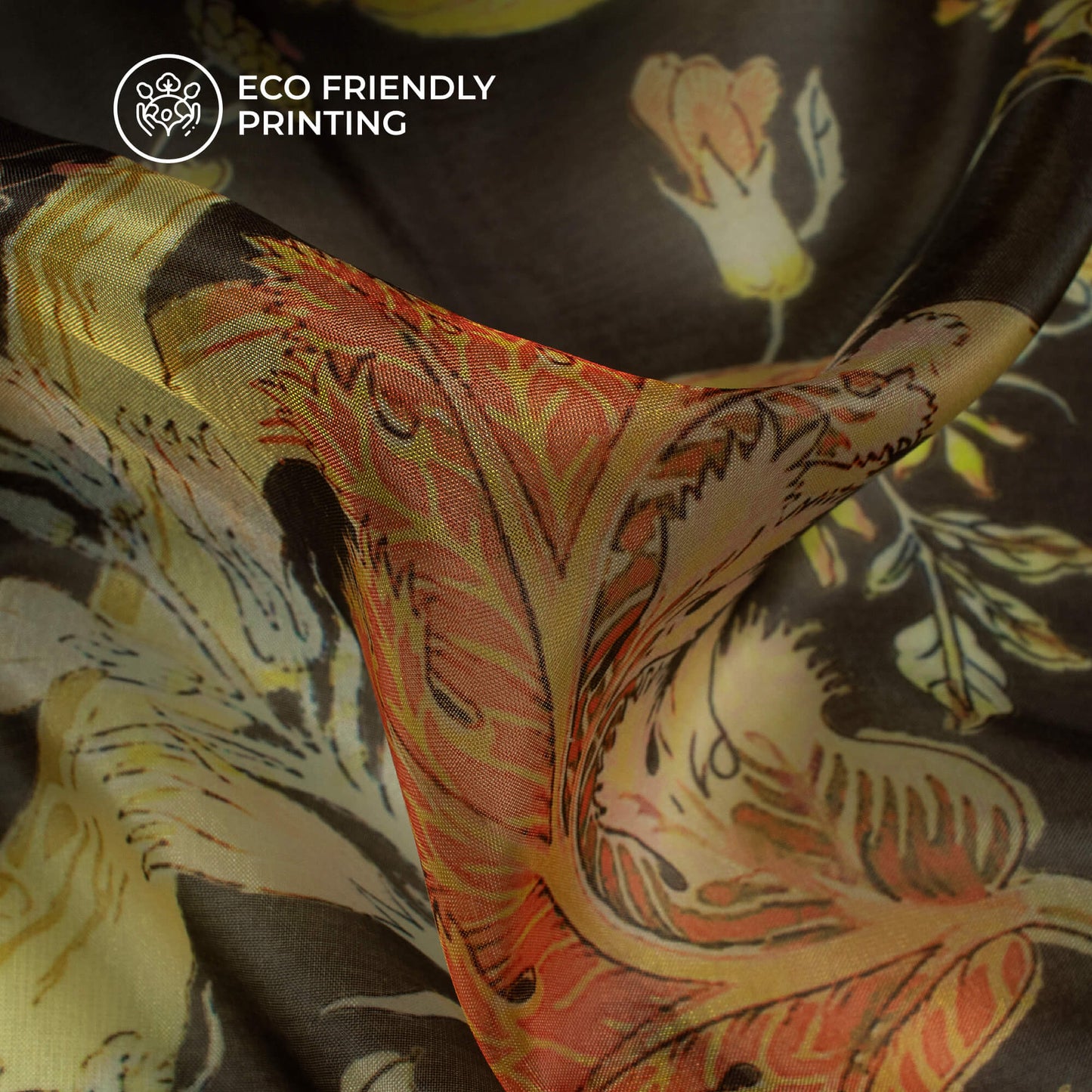 Black And Flax Yellow Floral Printed Organza Satin Fabric