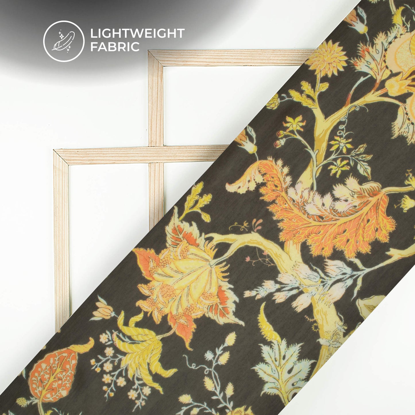 Black And Flax Yellow Floral Printed Organza Satin Fabric