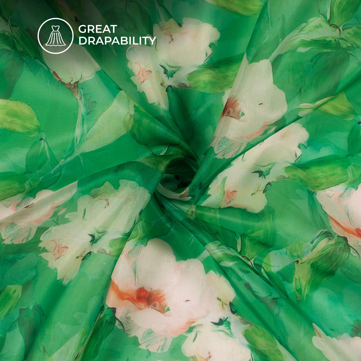 Irish Green And White Floral Printed Organza Satin Fabric