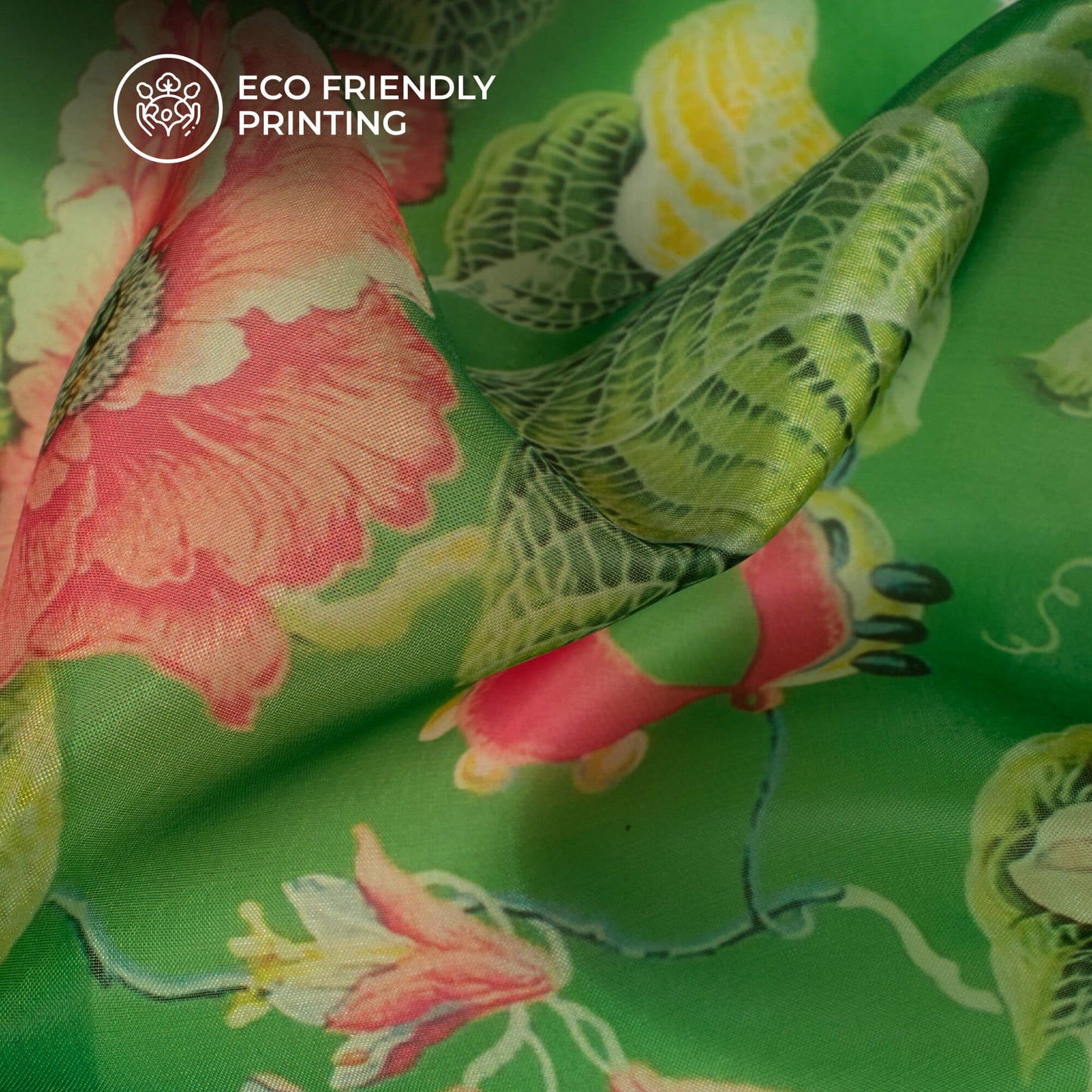 Green And Red Floral Printed Organza Satin Fabric
