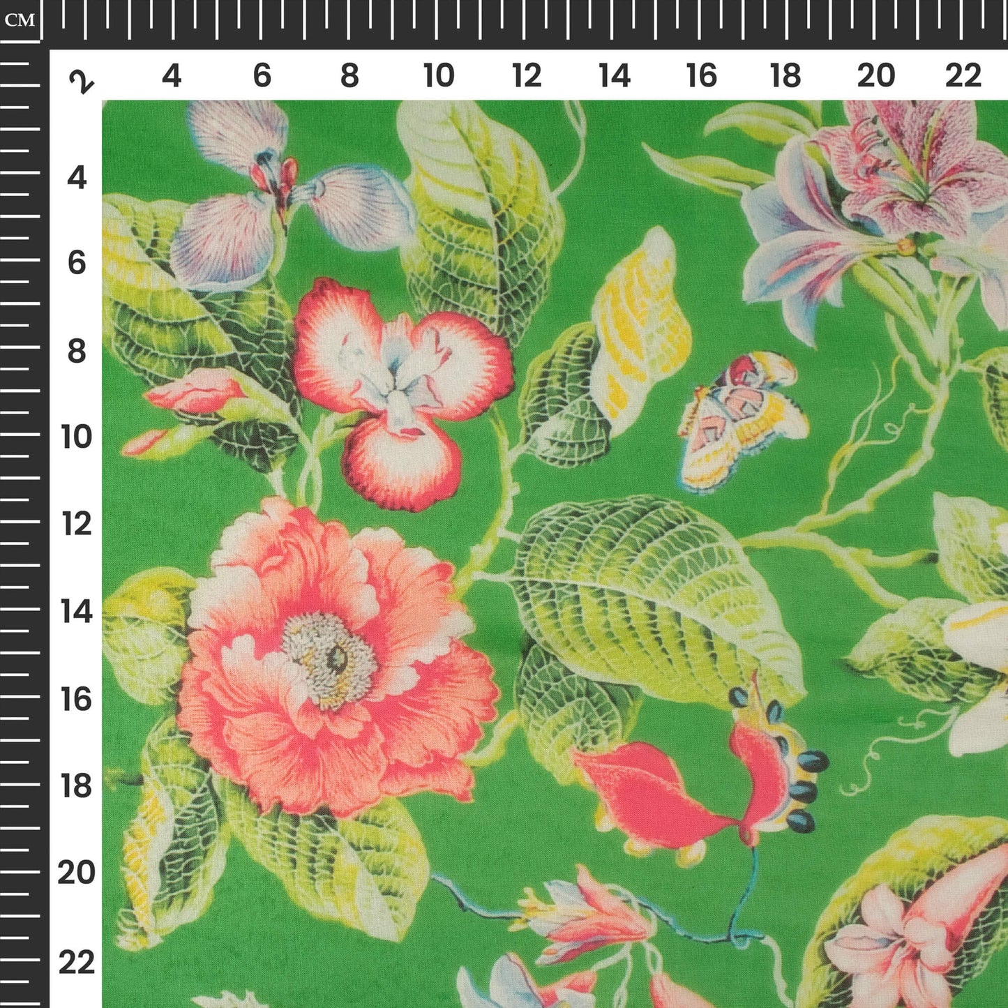 Green And Red Floral Printed Organza Satin Fabric