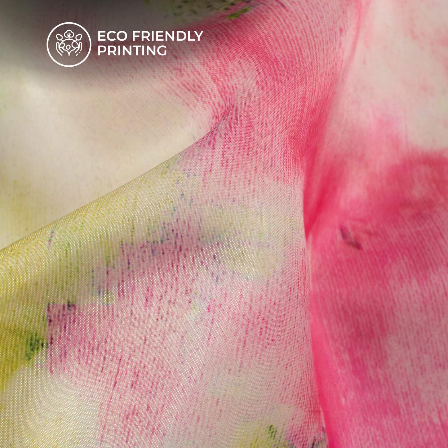Pink And Green Tie Dye Printed Organza Satin Fabric
