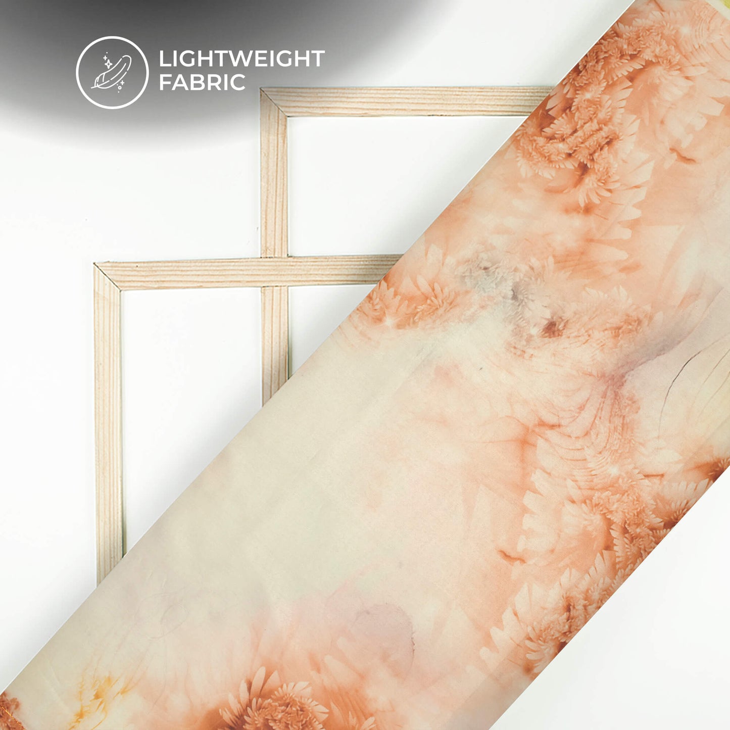 White And Brown Leaf Printed Organza Satin Fabric