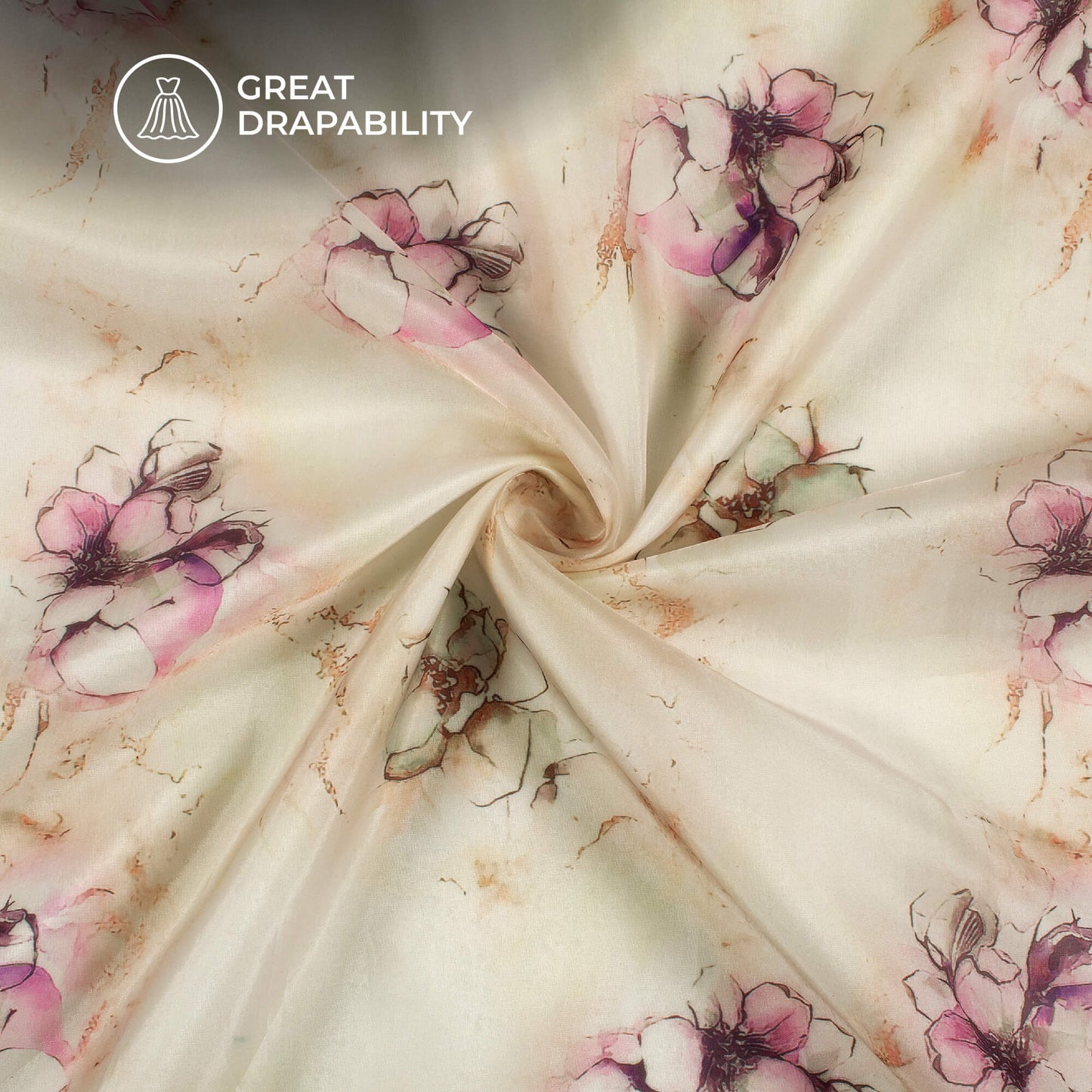 Off White And Purple Floral Printed Organza Satin Fabric