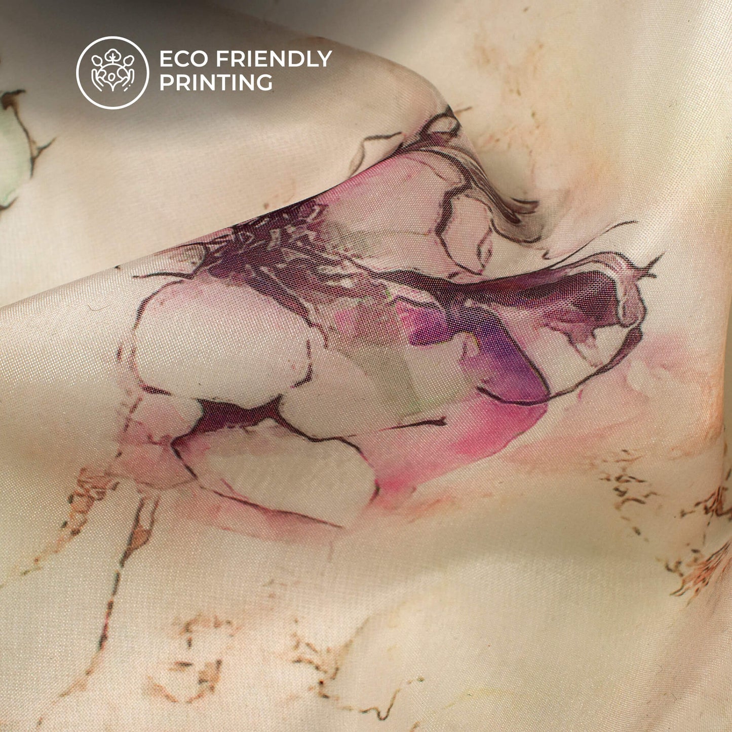 Off White And Purple Floral Printed Organza Satin Fabric