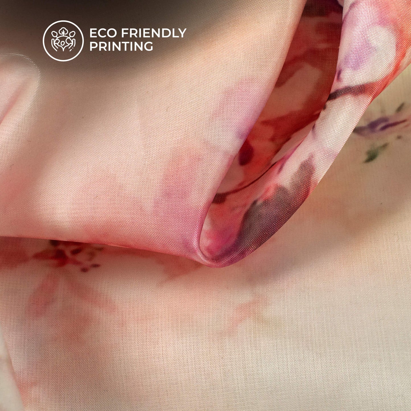 Off White And Dusty Red Floral Printed Organza Satin Fabric
