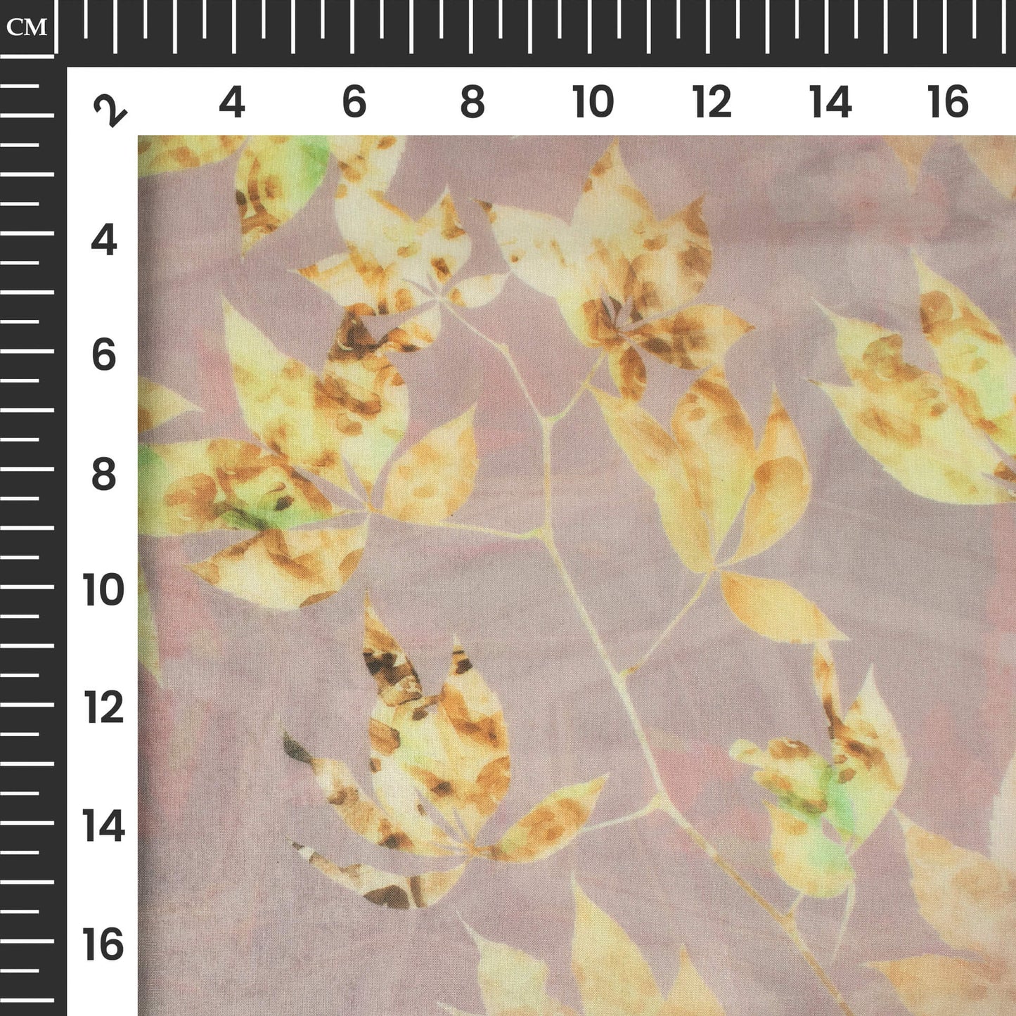 Pastel Purple And Yellow Leaf Printed Organza Satin Fabric