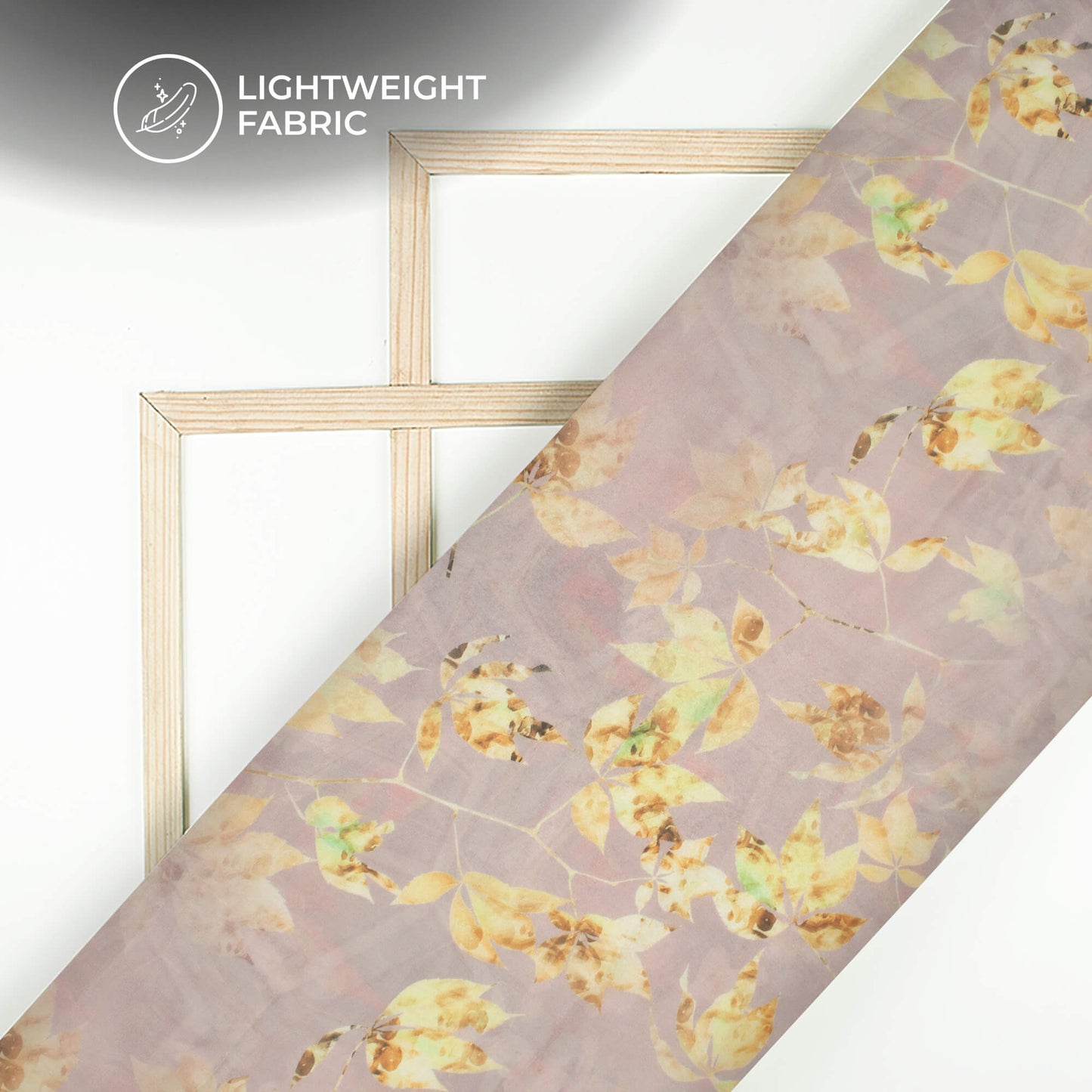 Pastel Purple And Yellow Leaf Printed Organza Satin Fabric