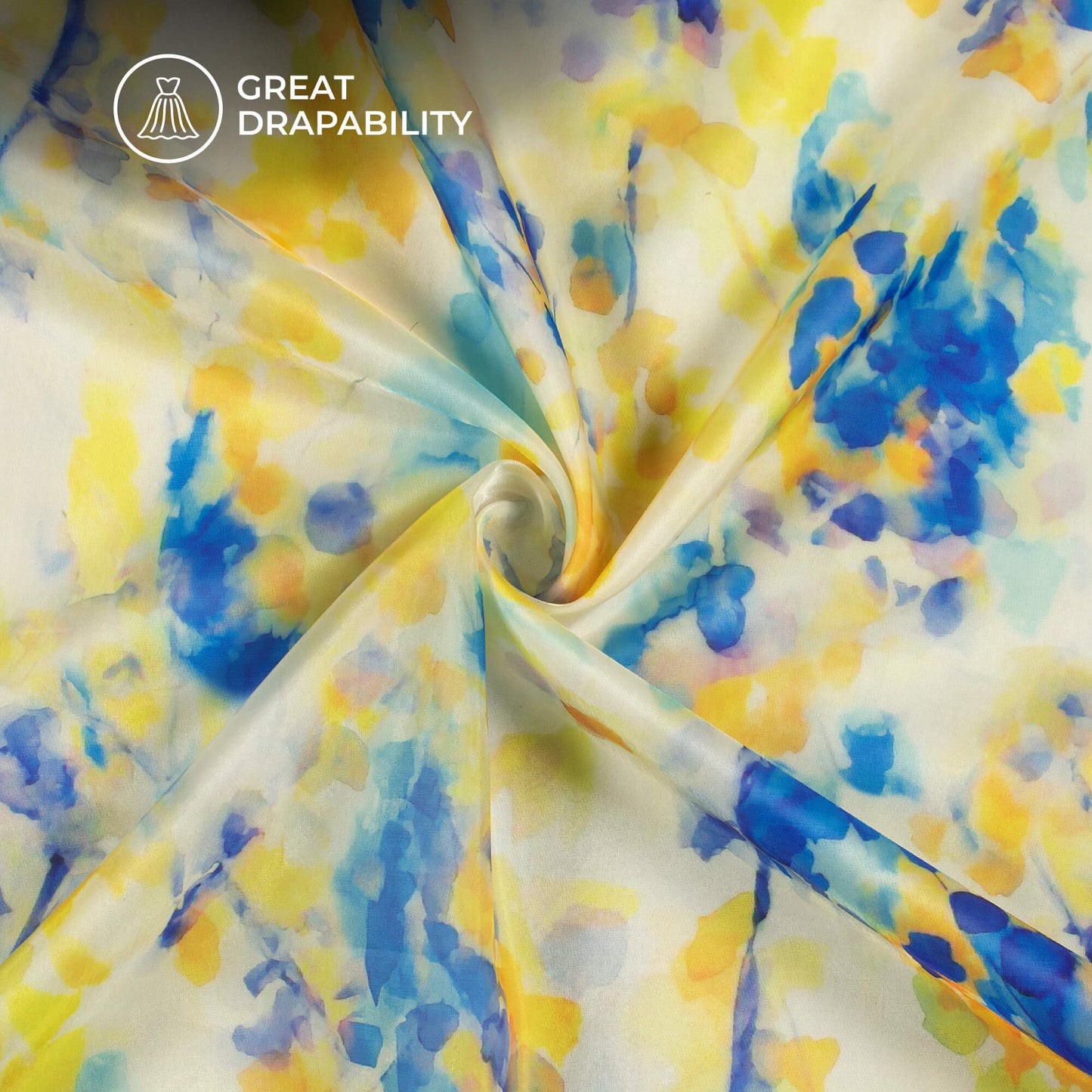 Yellow And Blue Leaf Printed Organza Satin Fabric