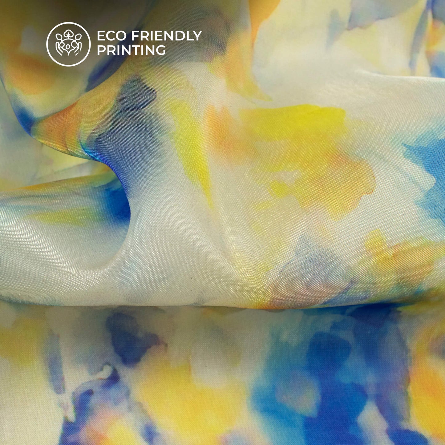 Yellow And Blue Leaf Printed Organza Satin Fabric