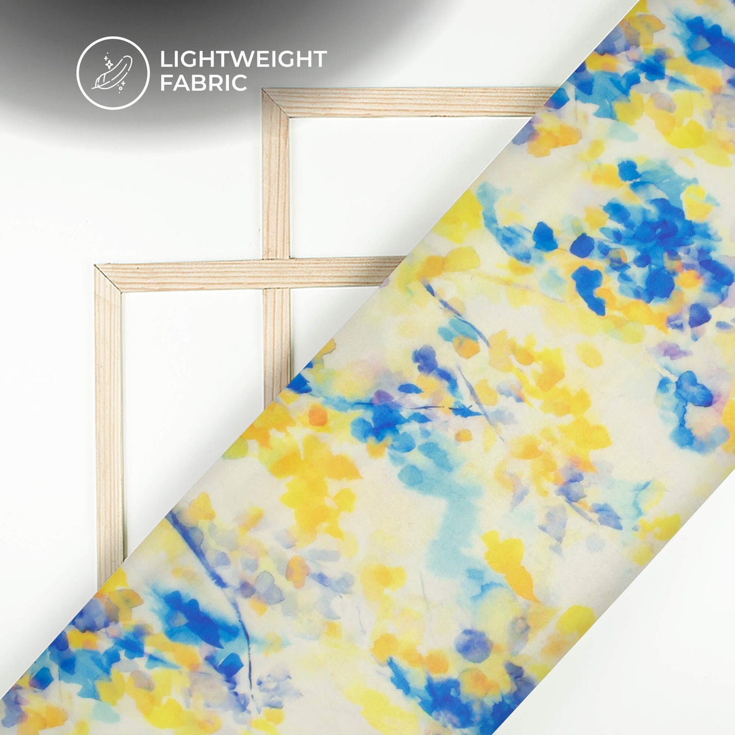 Yellow And Blue Leaf Printed Organza Satin Fabric