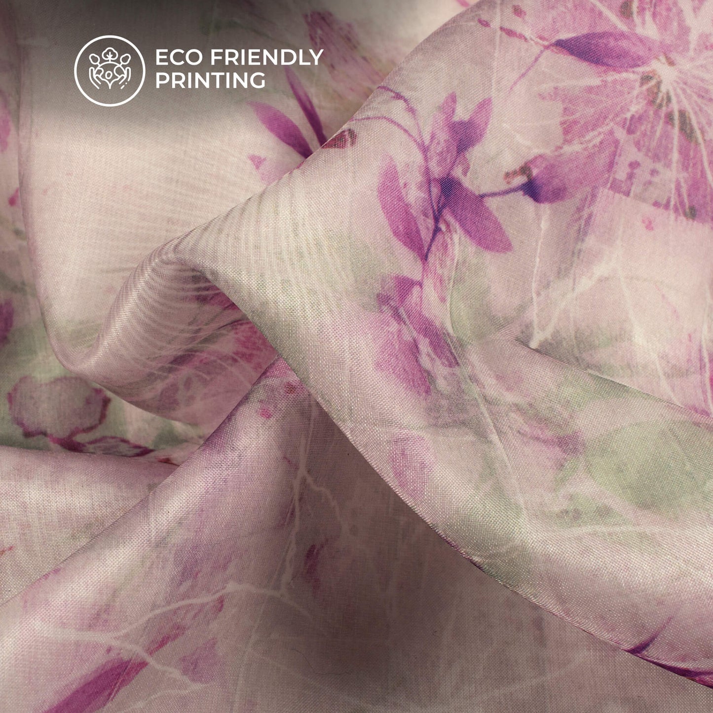 Violet Purple Leaf Printed Organza Satin Fabric