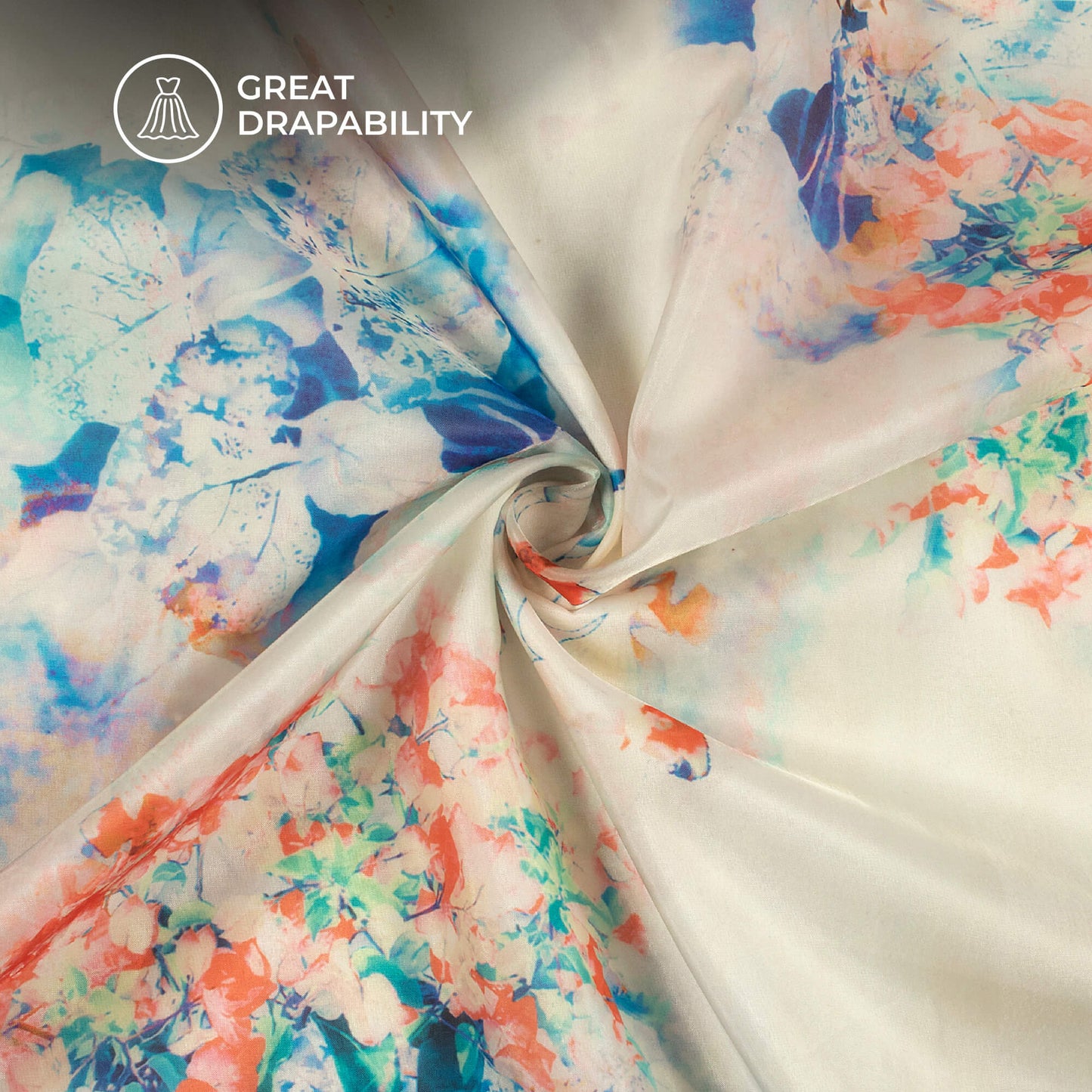 Off White And Blue Floral Printed Organza Satin Fabric
