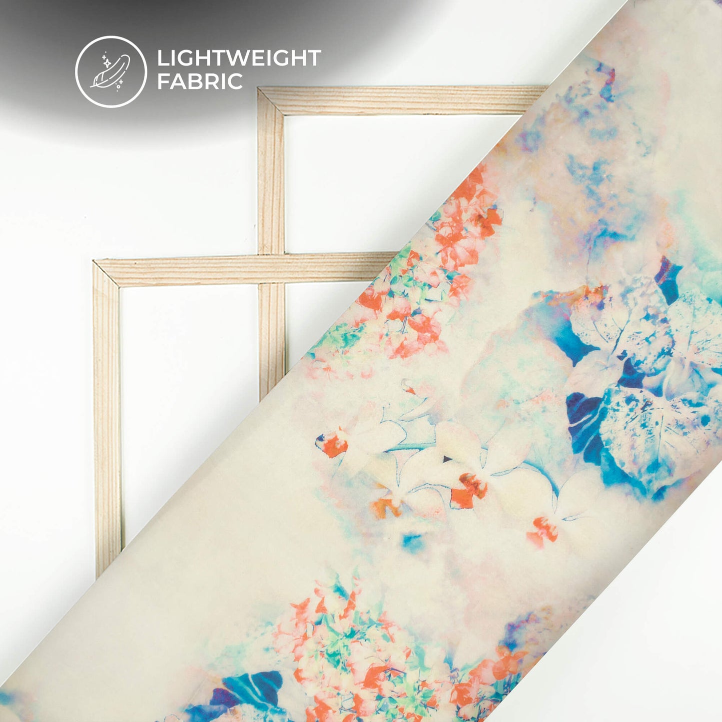 Off White And Blue Floral Printed Organza Satin Fabric