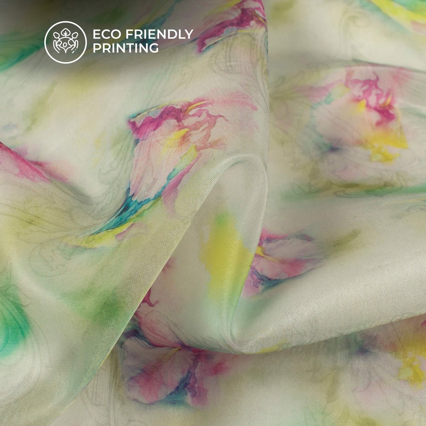 Lemon Yellow And Purple Floral Printed Organza Satin Fabric