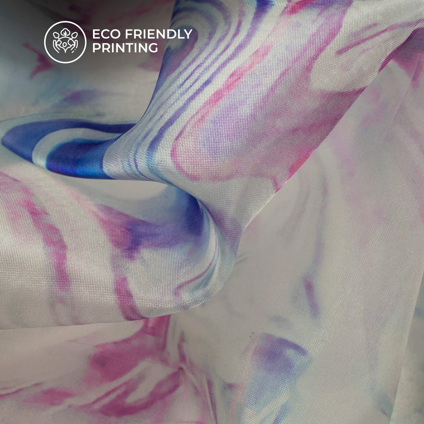 Sky Blue And Purple Marble Printed Organza Satin Fabric