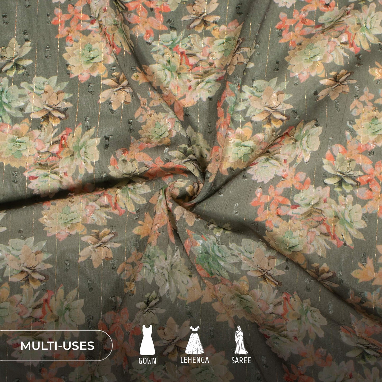 Black And Off White Floral Print Lurex Booti Chiffon Fabric