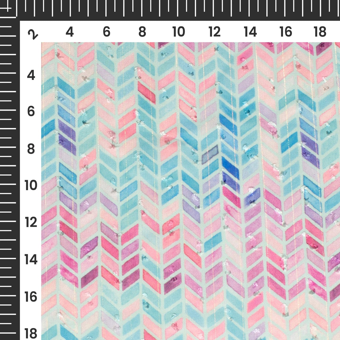 Teal Blue And Pink Chevron Print Lurex Booti Chiffon Fabric