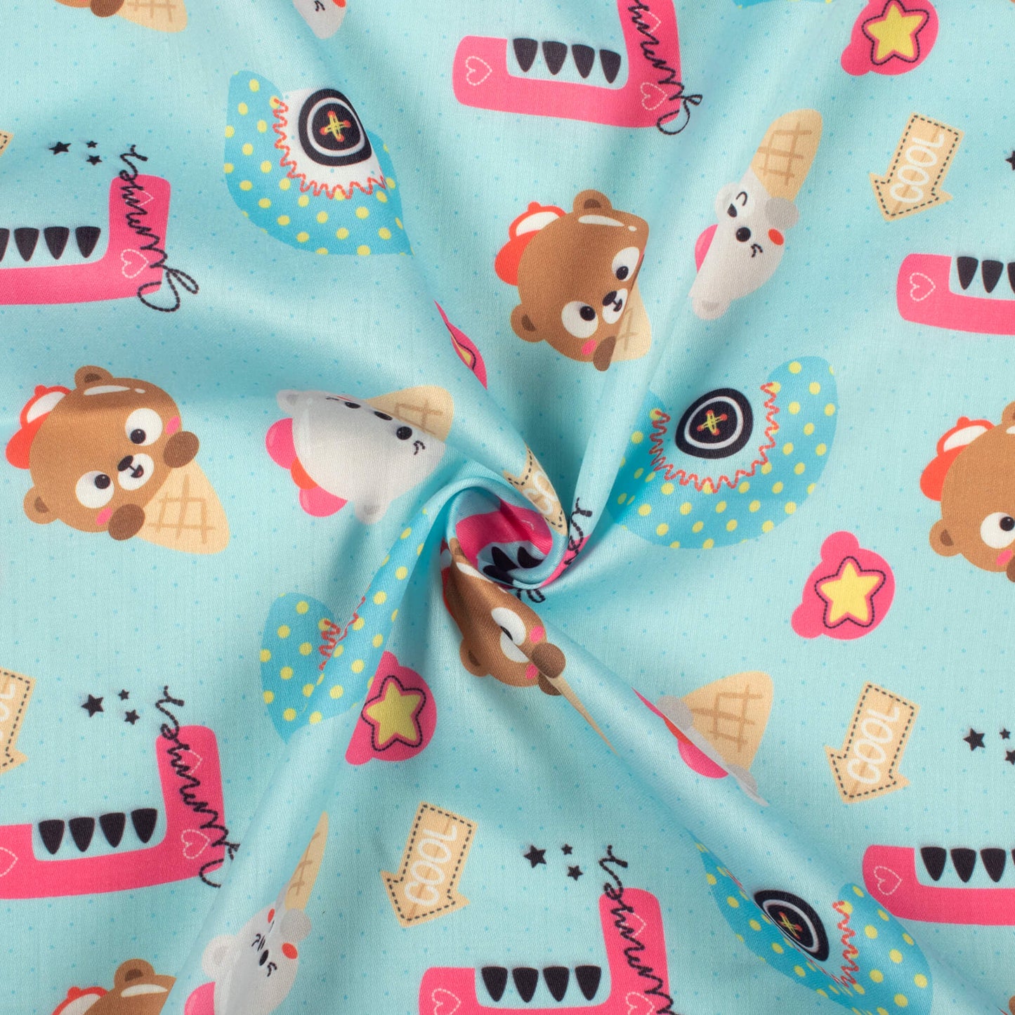 Ice Cream Kitty Kids Print Poly Glazed Cotton Fabric