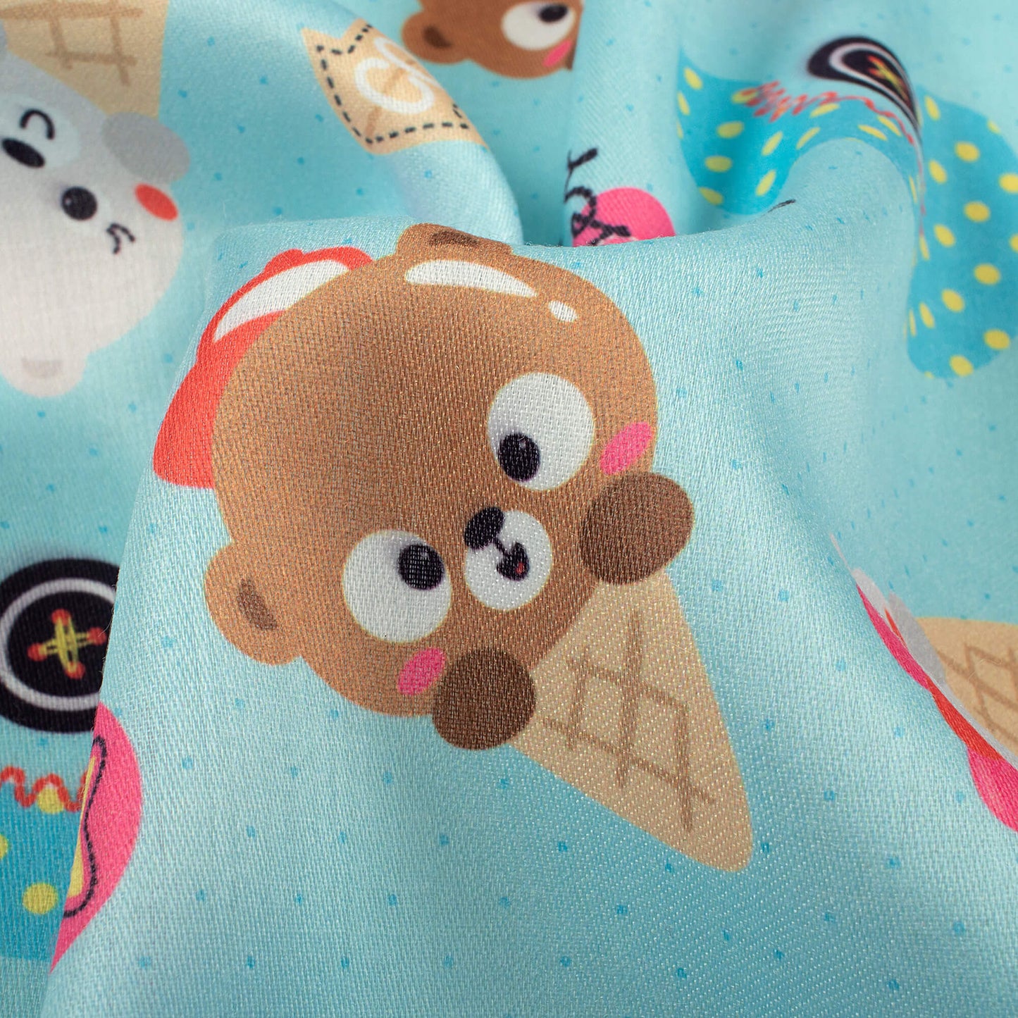 Ice Cream Kitty Kids Print Poly Glazed Cotton Fabric