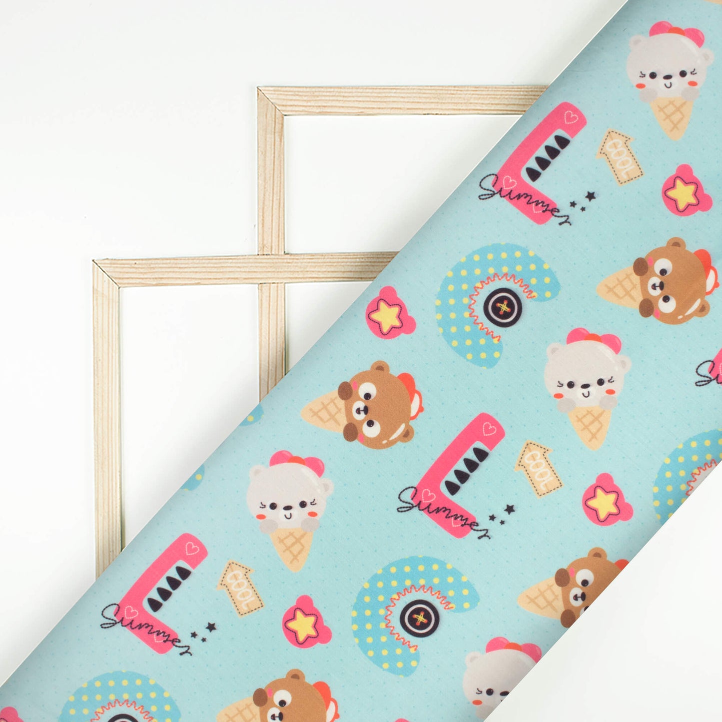 Ice Cream Kitty Kids Print Poly Glazed Cotton Fabric