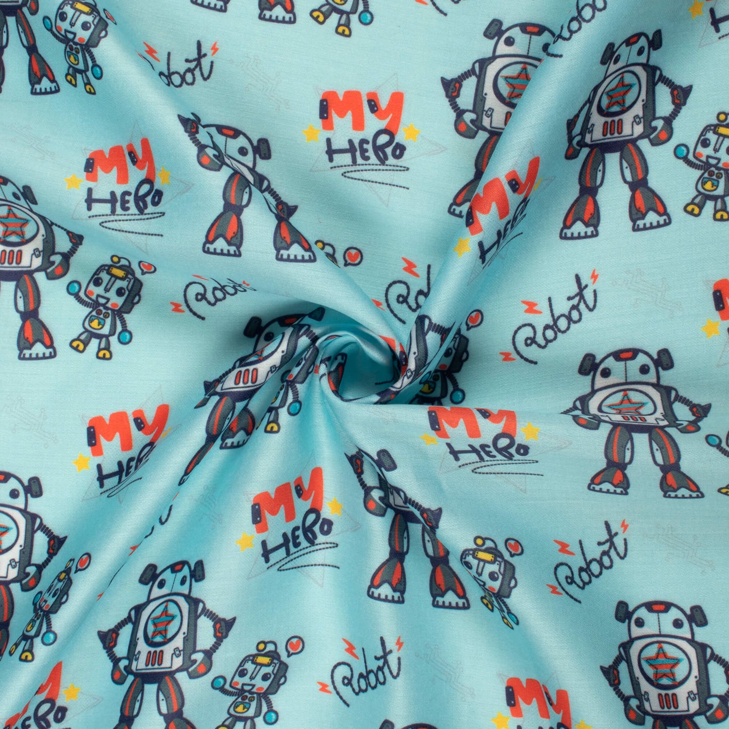 Funny Robot Cartoon Kids Print Poly Glazed Cotton Fabric