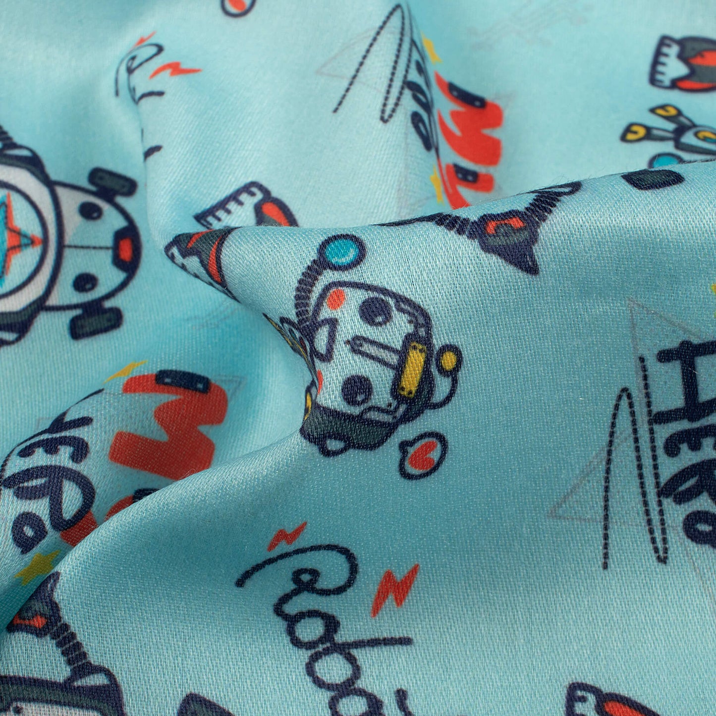 Funny Robot Cartoon Kids Print Poly Glazed Cotton Fabric