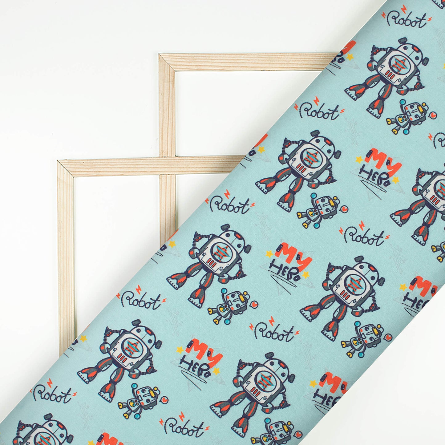 Funny Robot Cartoon Kids Print Poly Glazed Cotton Fabric