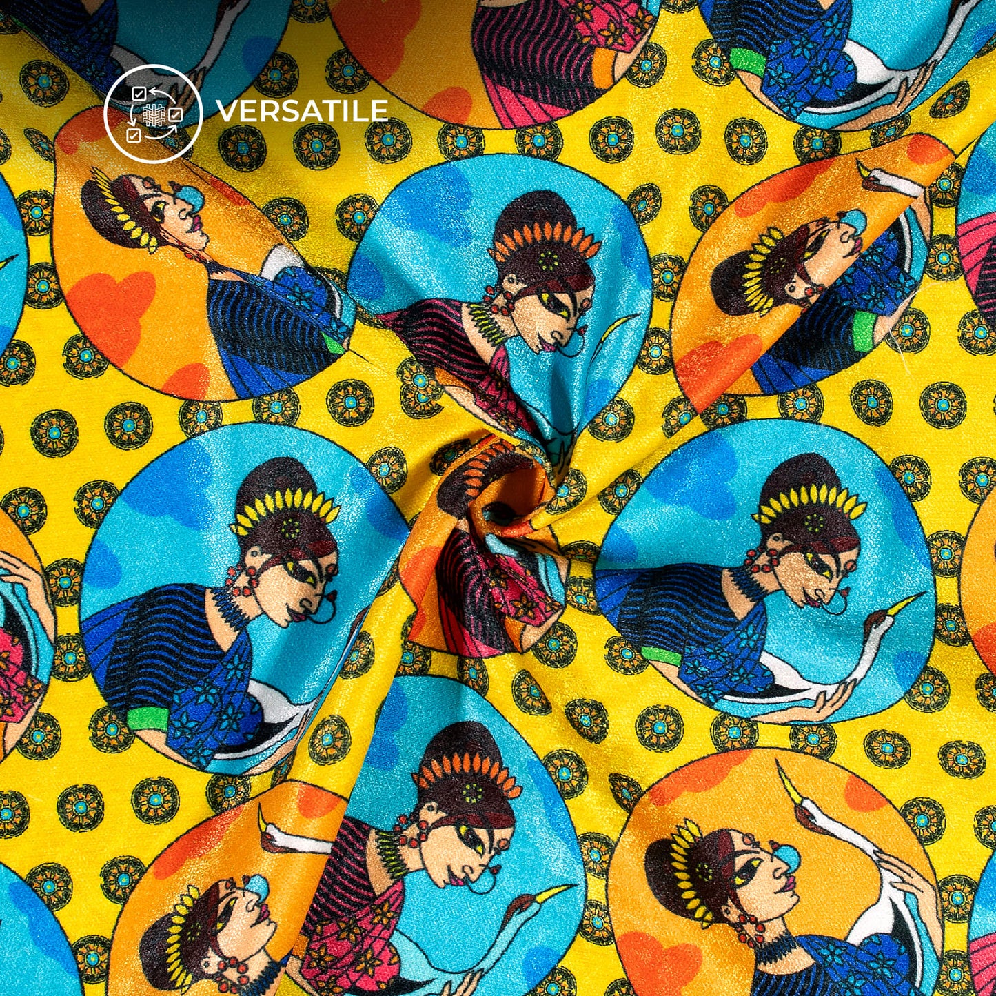 Yellow Madhubani Digital Print Premium Velvet Fabric