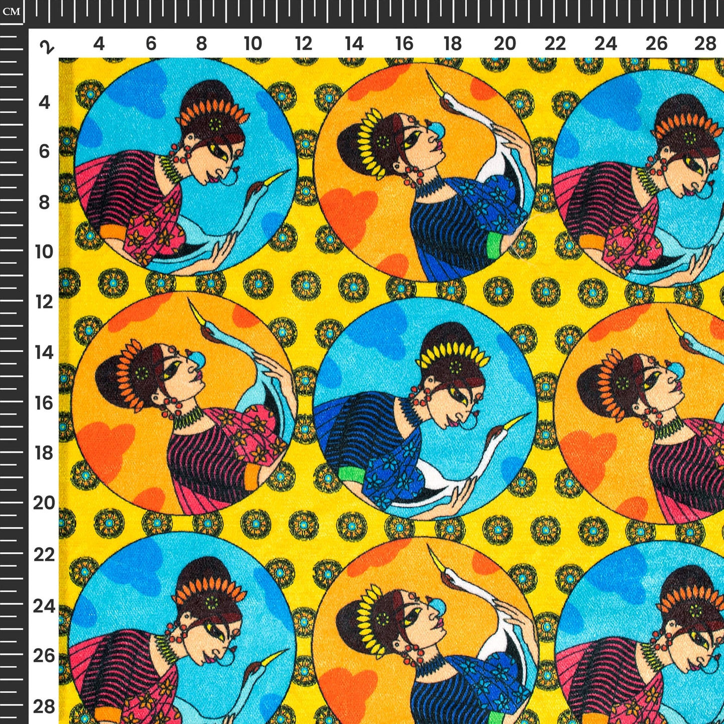 Yellow Madhubani Digital Print Premium Velvet Fabric