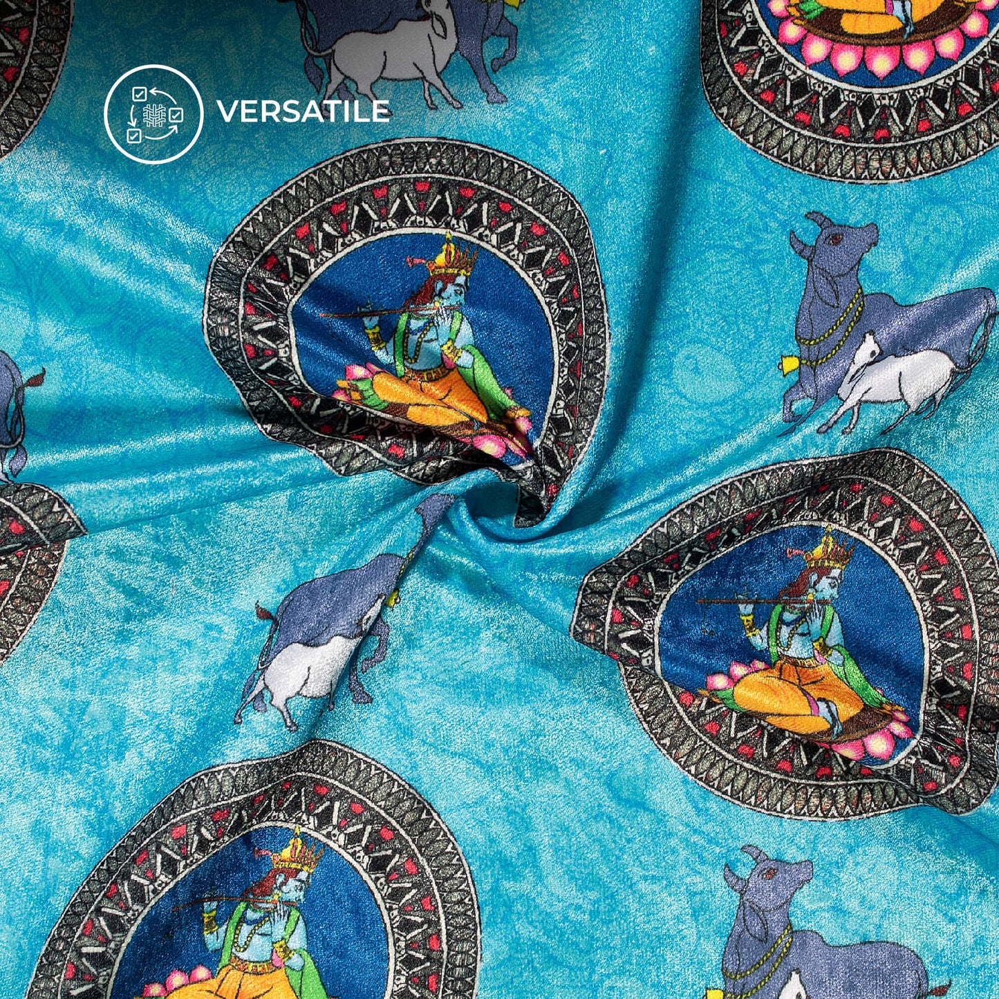 Sky Blue Madhubani Digital Print Premium Velvet Fabric