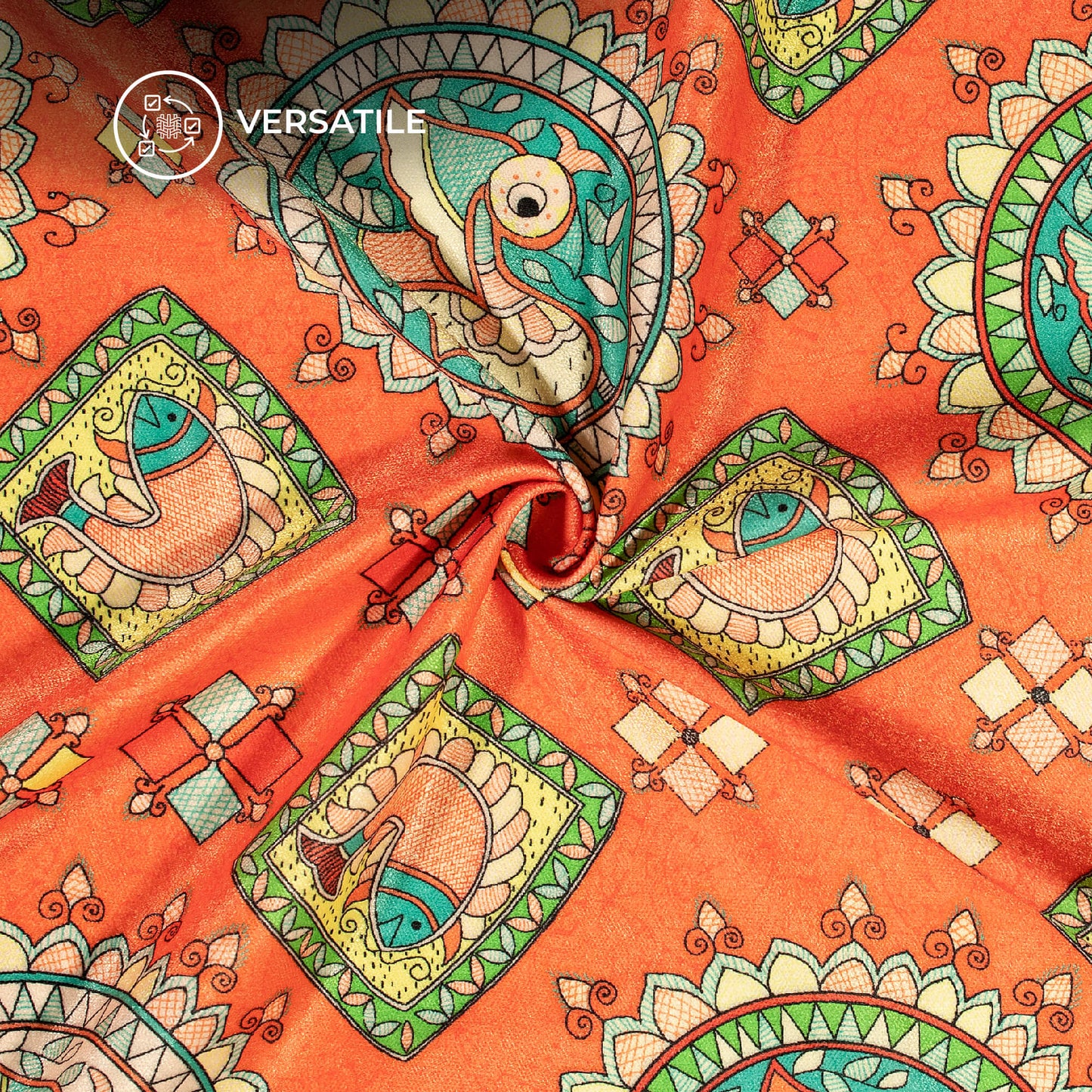 Royal Orange Madhubani Digital Print Premium Velvet Fabric