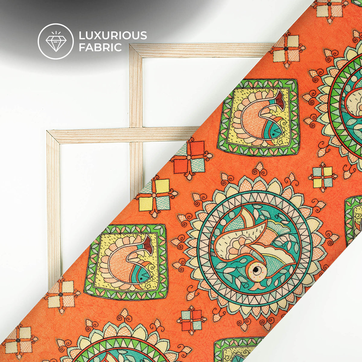 Royal Orange Madhubani Digital Print Premium Velvet Fabric