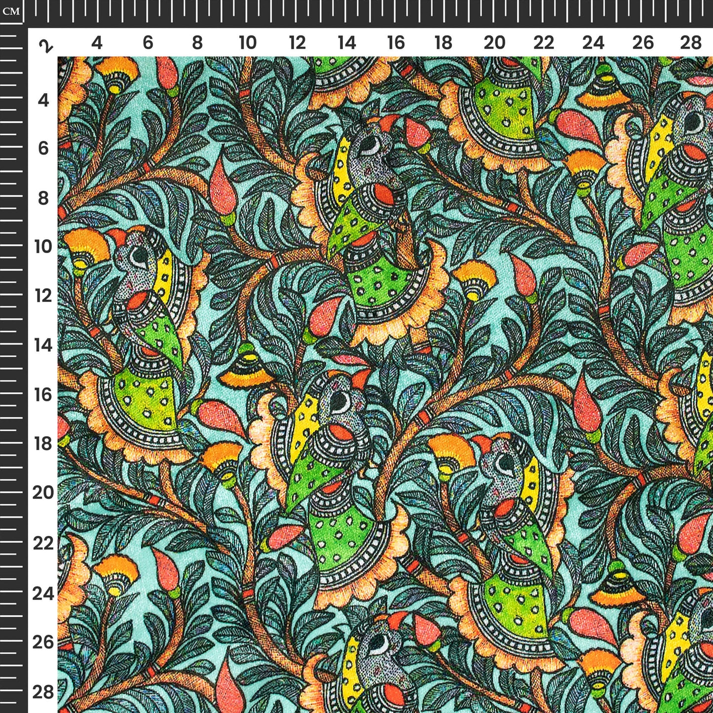 Black And Parrot Green Madhubani Digital Print Premium Velvet Fabric