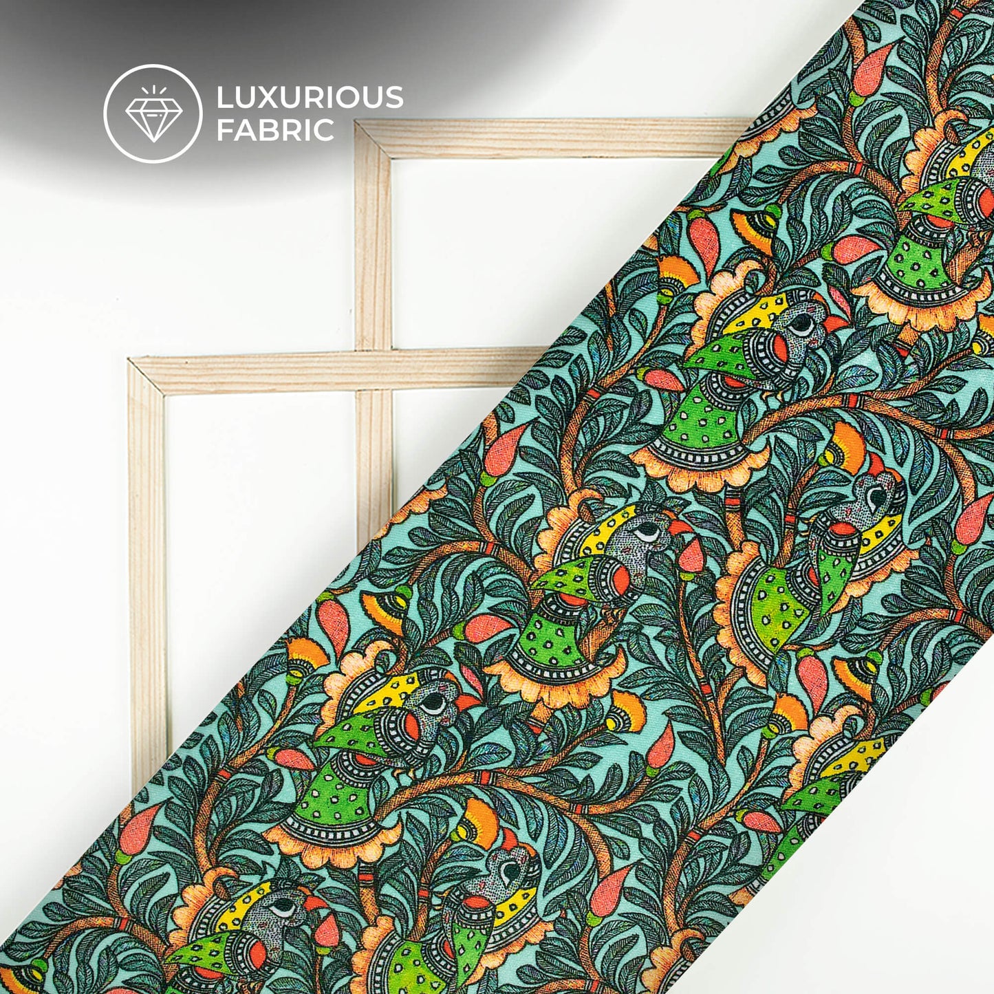 Black And Parrot Green Madhuvanii Digital Print Premium Velvet Fabric