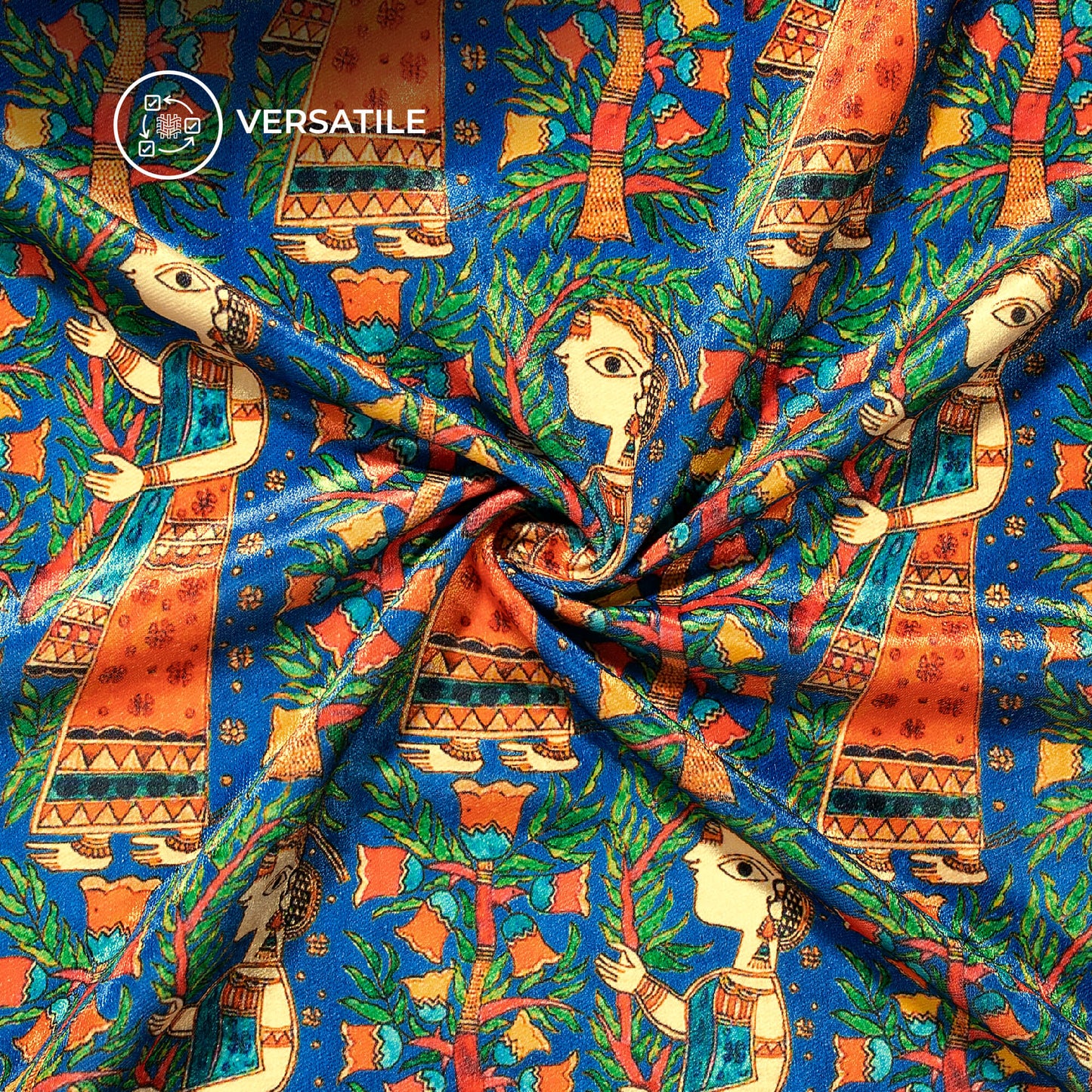 Blue Madhubani Digital Print Premium Velvet Fabric