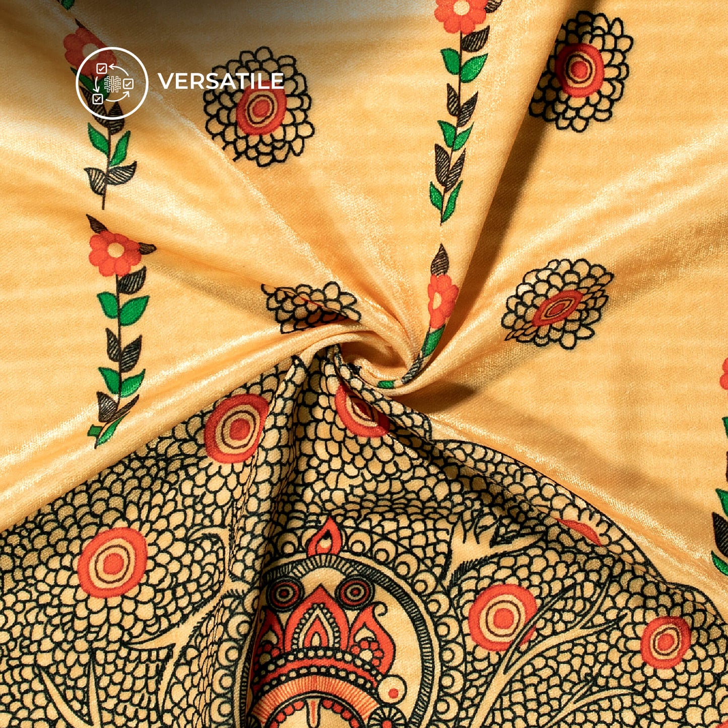 Copper Beige Madhubani Digital Print Premium Velvet Fabric