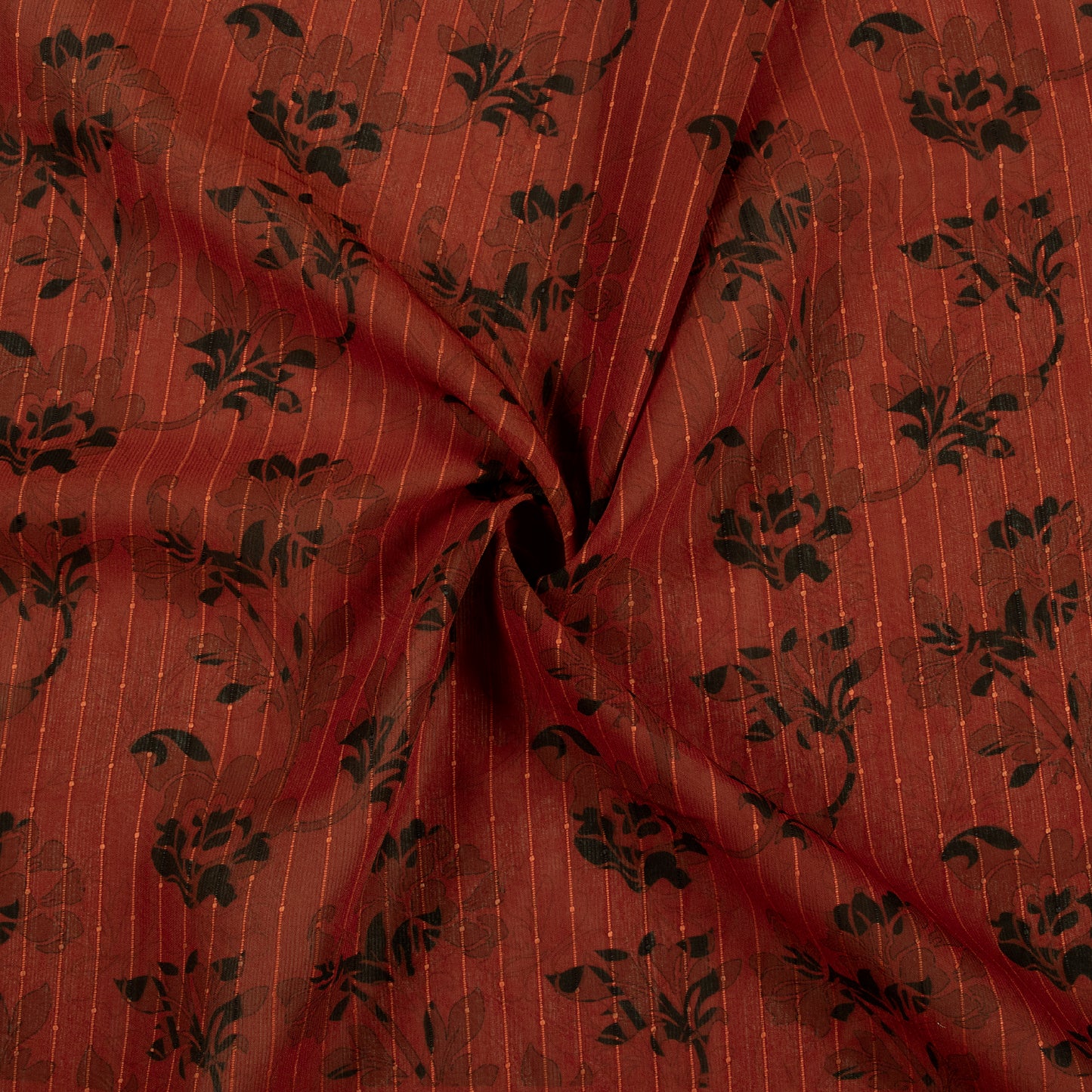 Brick Red And Black Leaf Digital Print Chiffon Sparkle Fabric