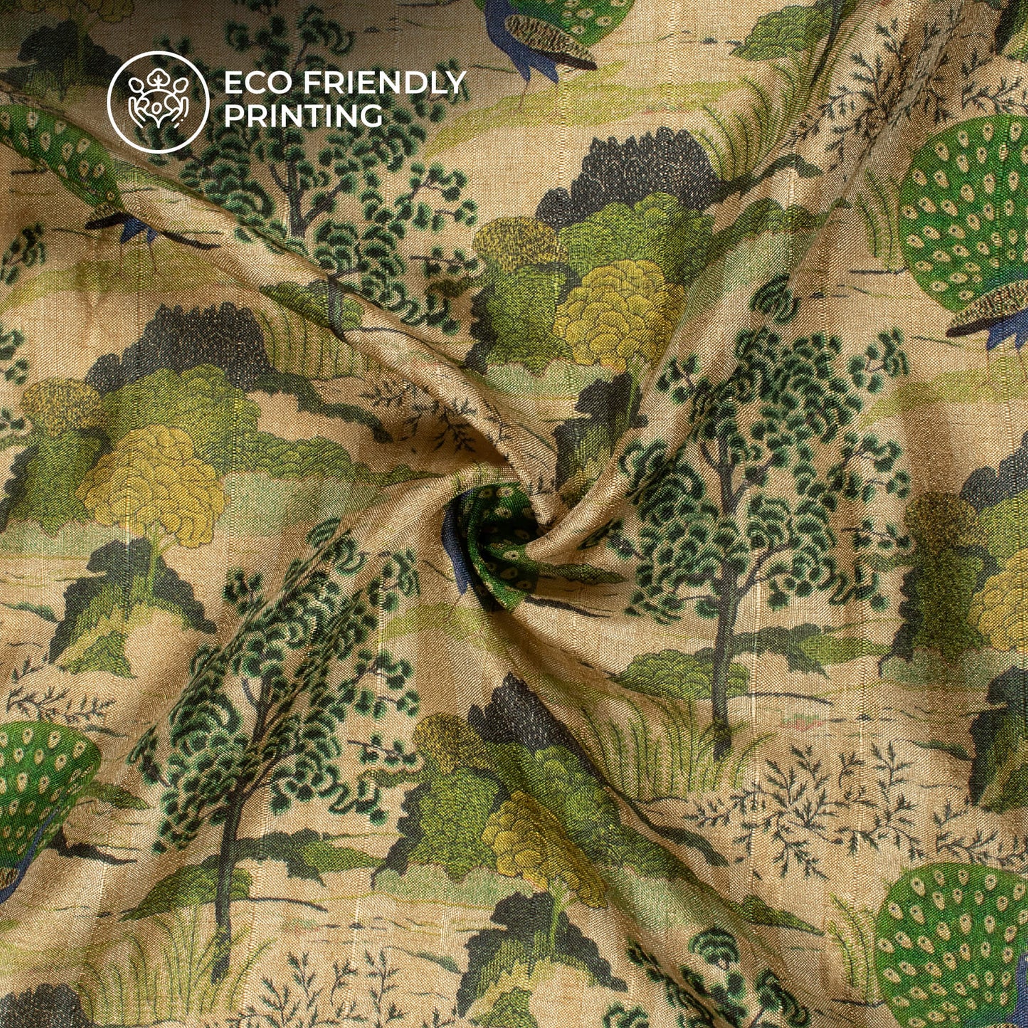 Peacock Garden Madhuvanii Printed Art Tusser Silk Fabric