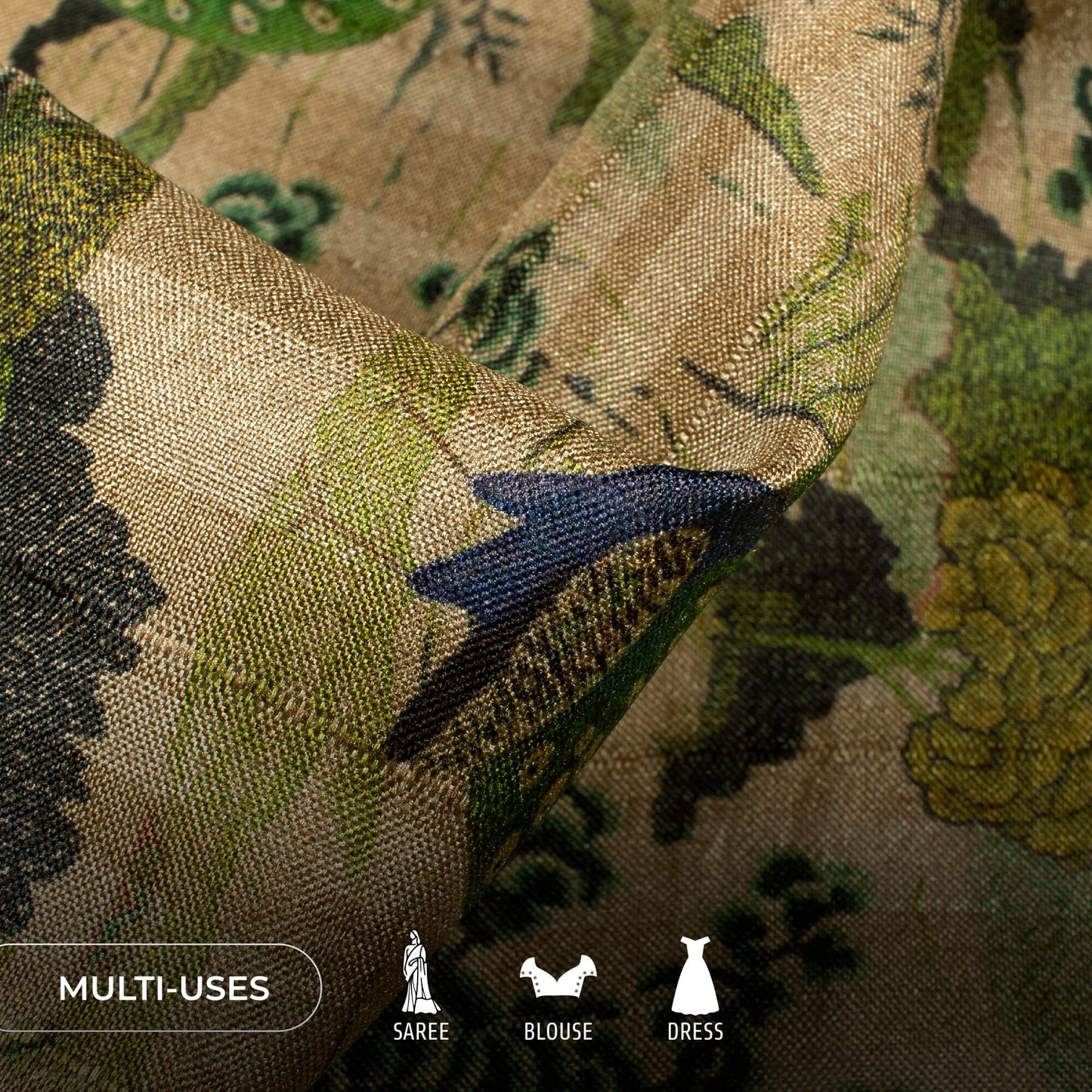 Peacock Garden Madhuvanii Printed Art Tusser Silk Fabric