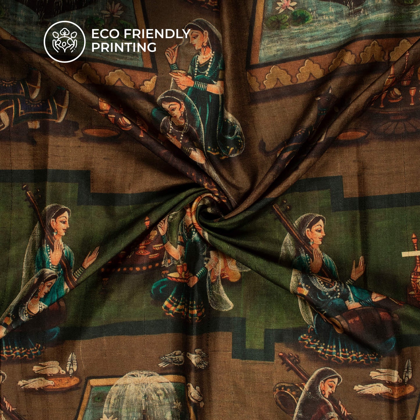 Brown And Green Madhuvanii Printed Art Tusser Silk Fabric