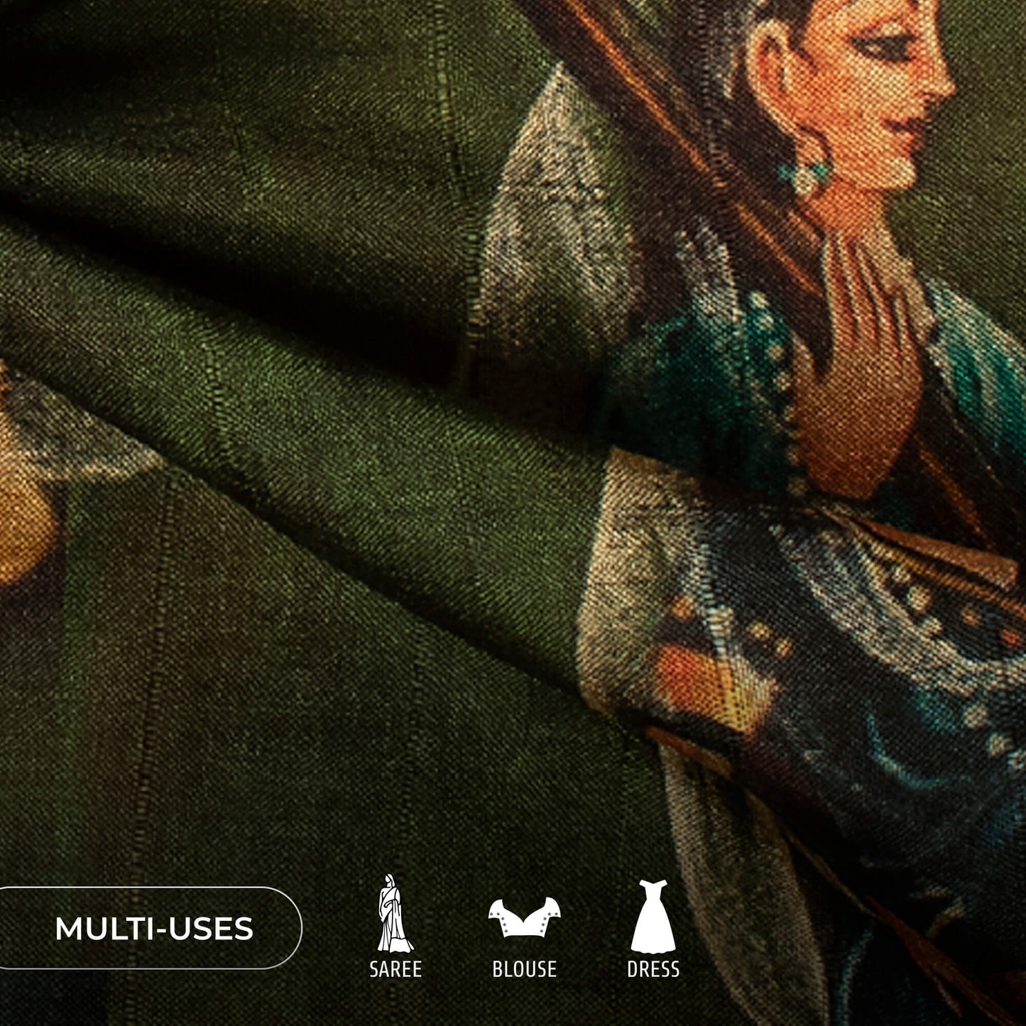 Brown And Green Madhuvanii Printed Art Tusser Silk Fabric
