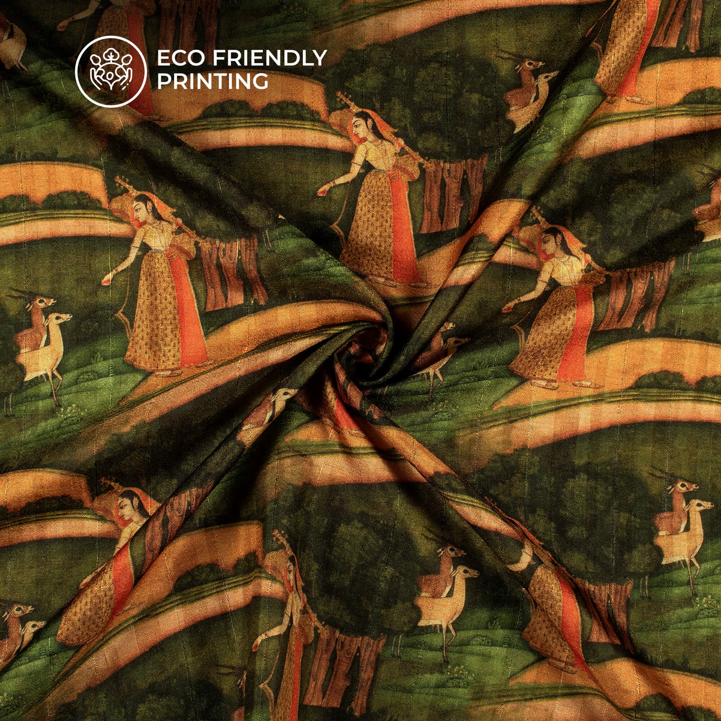 Green And Brown Madhuvanii Printed Art Tusser Silk Fabric